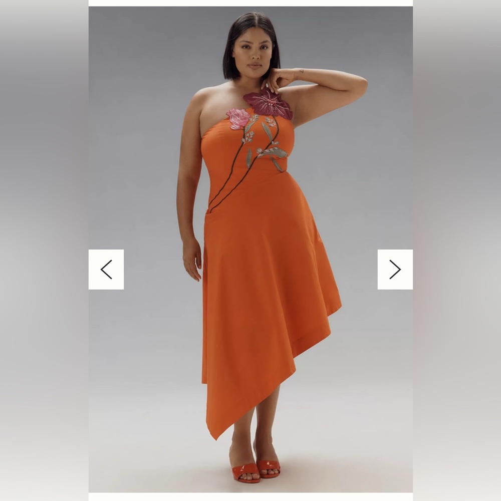 Anthropologie Yukiko Noritake Orange Floral One Shoulder Dress - Picture 6 of 9